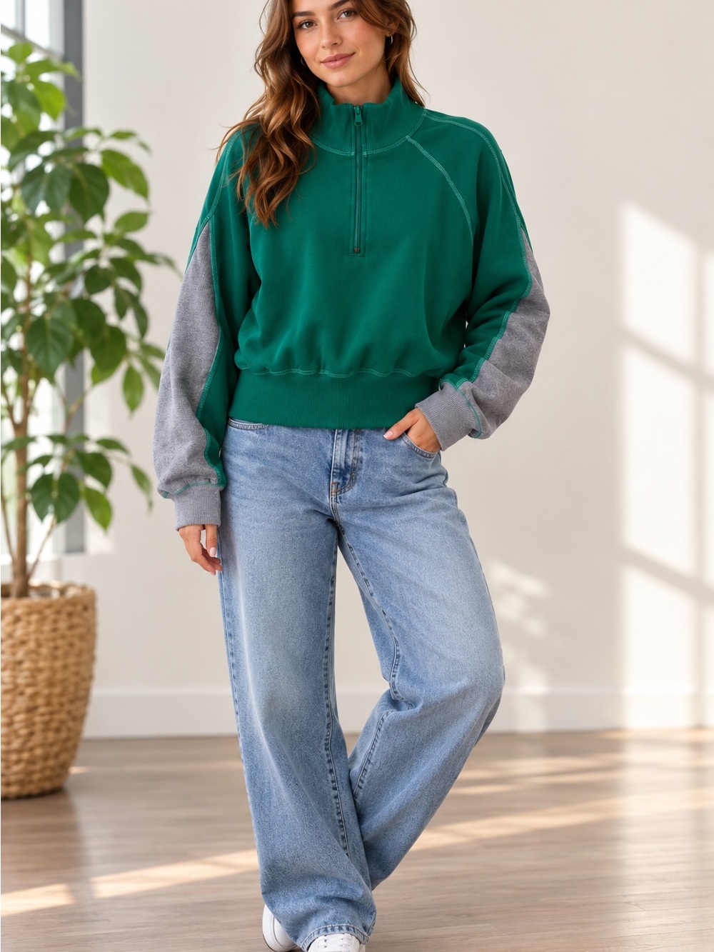 Free People Movement Green Cropped Quarter Zip Sweatshirt Size L NWT